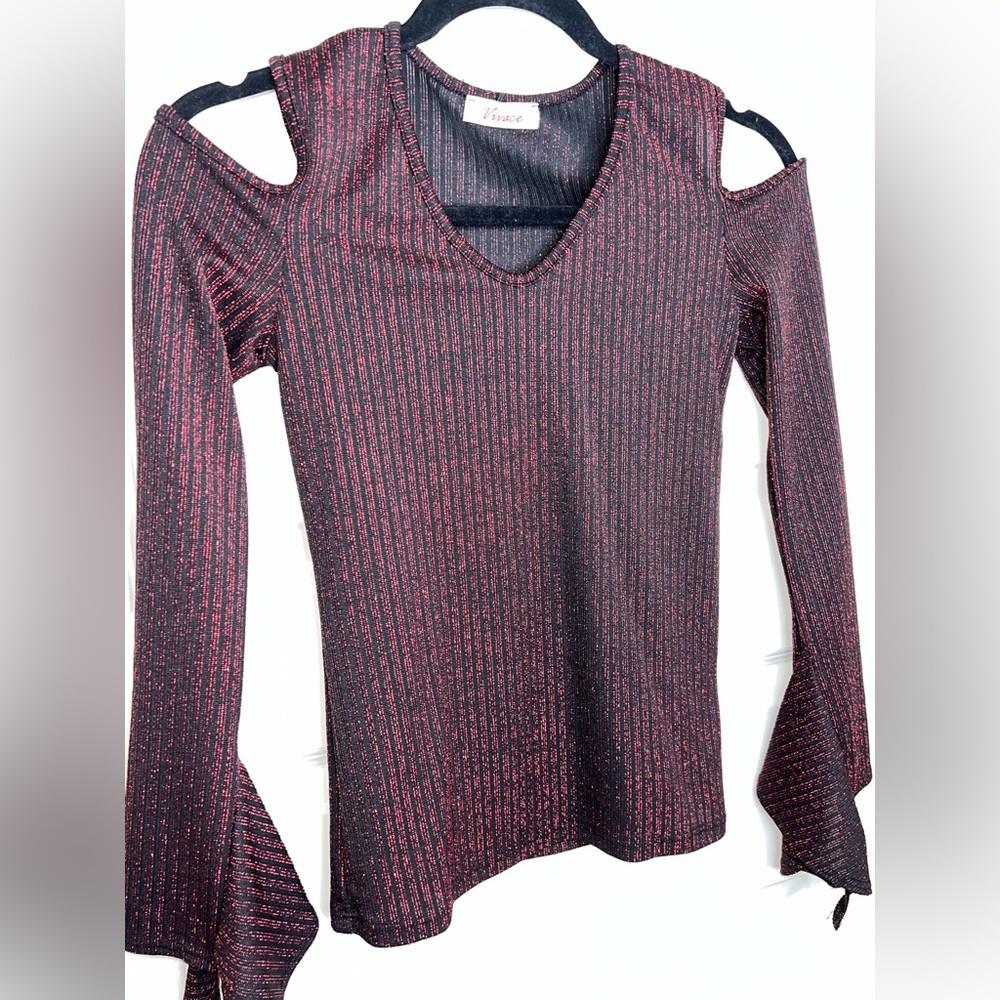 Red Sparkly Shoulder Cut out Long Sleeve Top. Cute Sleeve Accents. Size Small.